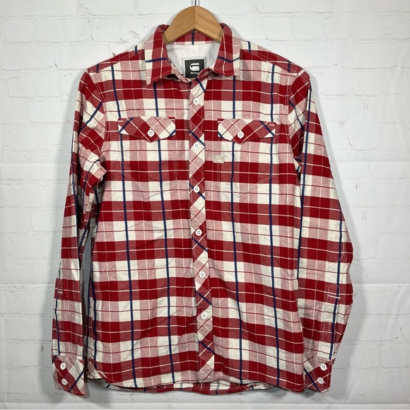 G-Star RAW Plaid Shirt Mens Size Medium Red Long Sleeve Western Button Up - Picture 1 of 14